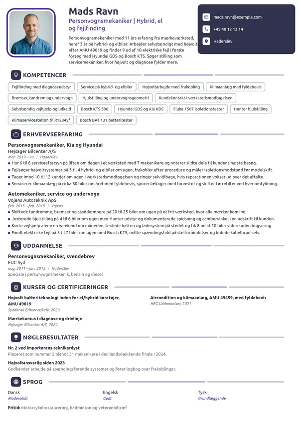 CV-eksempel til erfaren mekaniker, hybrid og el