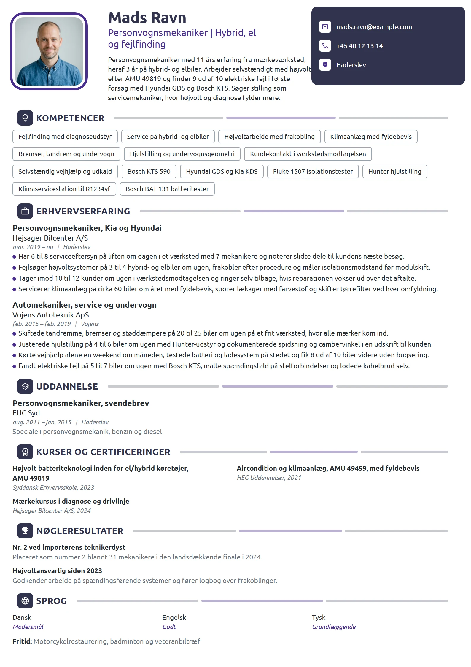 CV-eksempel til erfaren mekaniker, hybrid og el