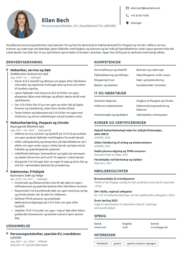 CV-eksempel til nyuddannet personvognstekniker