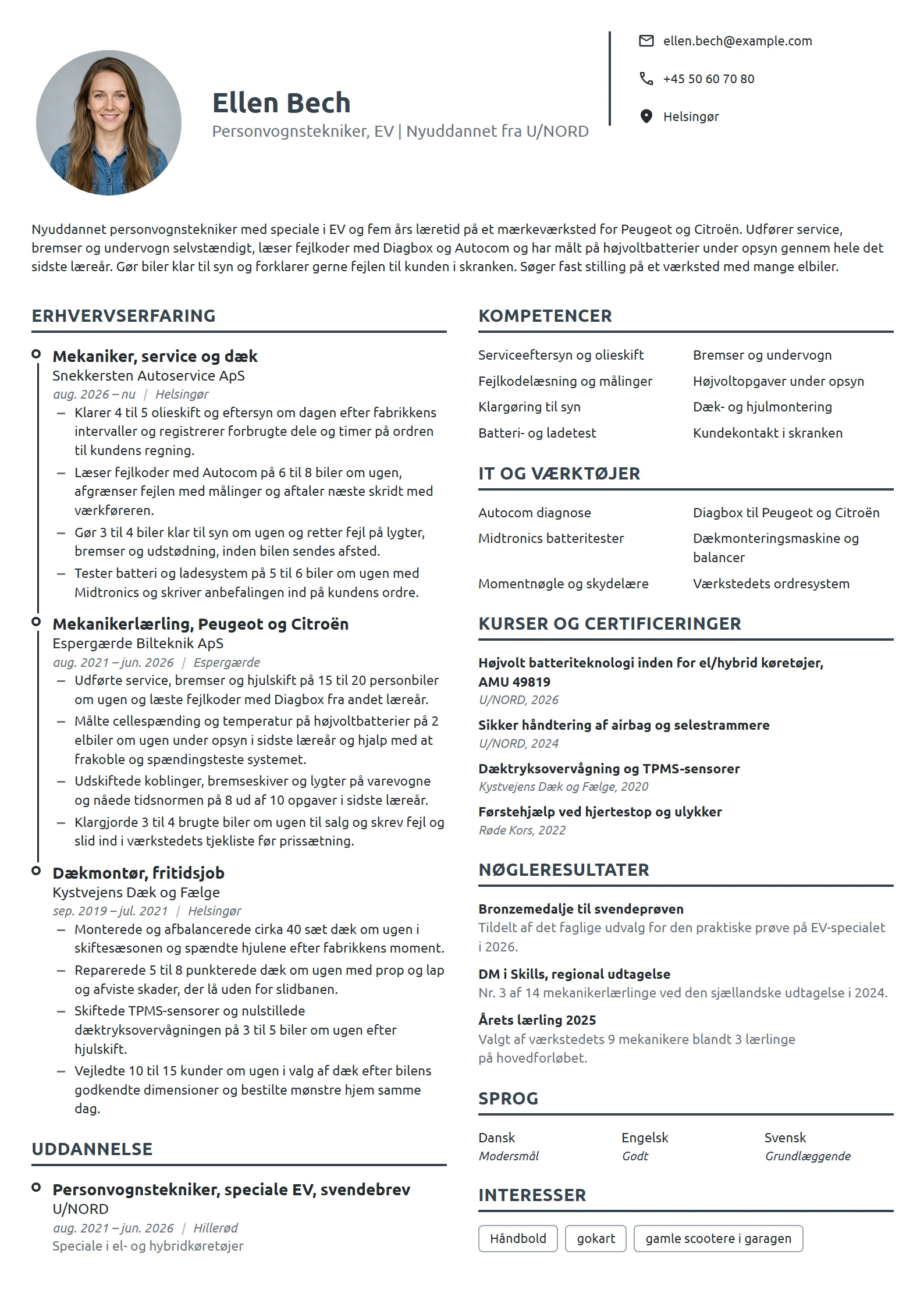 CV-eksempel til nyuddannet personvognstekniker