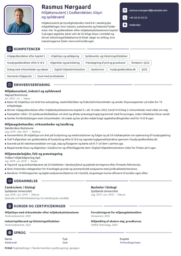 CV-eksempel til erfaren miljøkonsulent på myndighedssiden