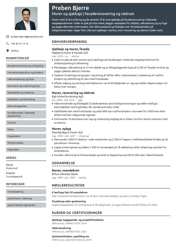 CV-eksempel til sjakbajs med ansvar for renovering