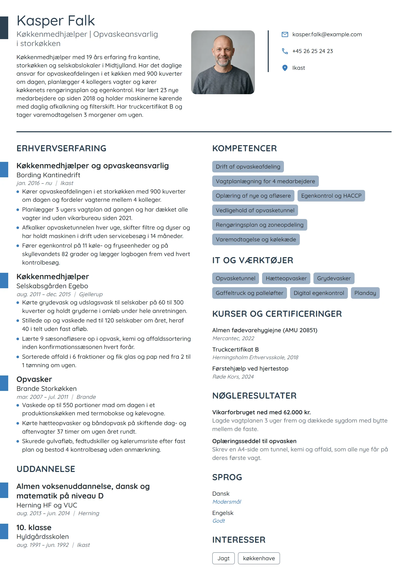 CV-eksempel til erfaren opvaskeansvarlig i storkøkken