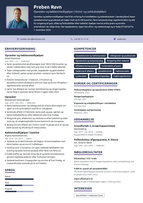 CV-eksempel til erfaren opvasker i hotelkøkken
