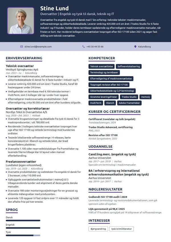 CV-eksempel til erfaren teknisk oversætter