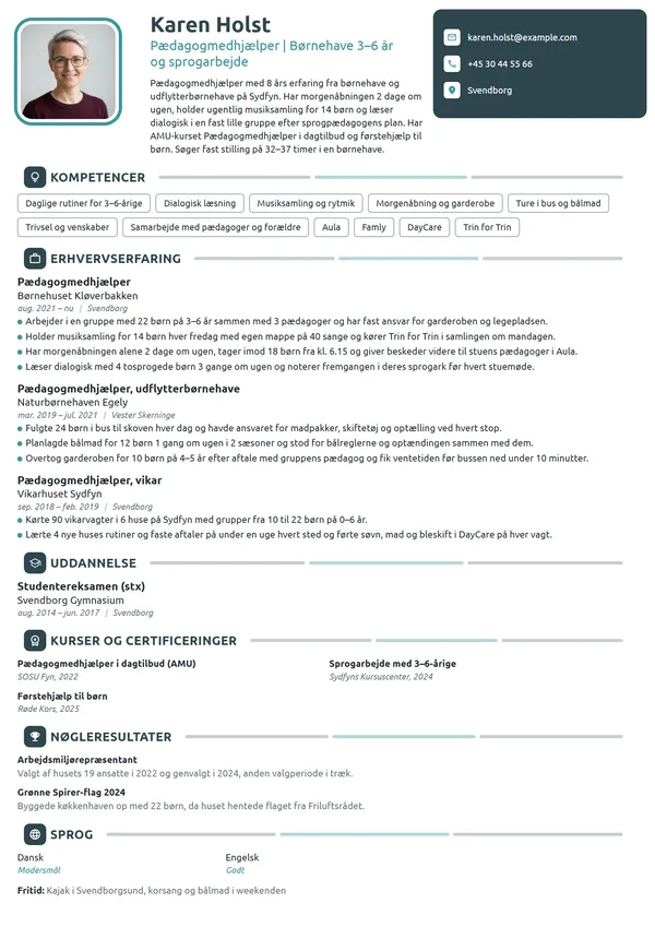 CV-eksempel til erfaren medhjælper i børnehave