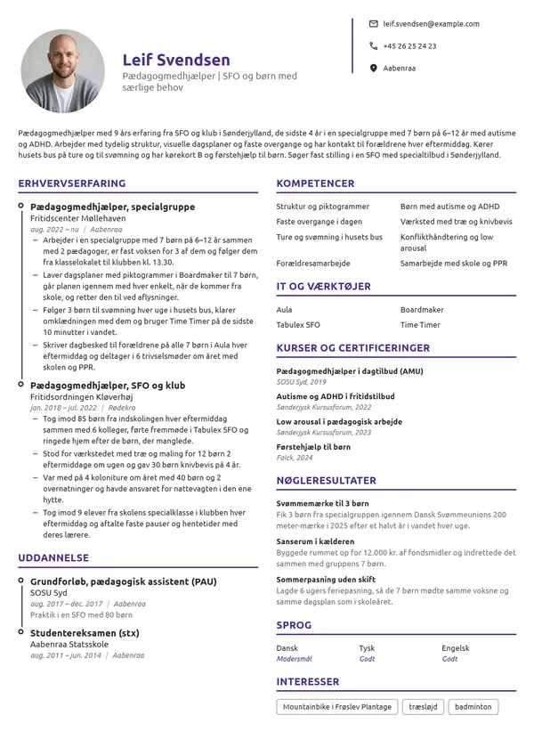 CV-eksempel til medhjælper i SFO og specialgruppe