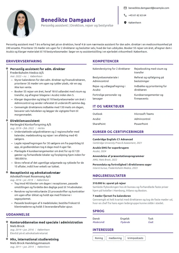 CV-eksempel til personlig assistent for adm. direktør