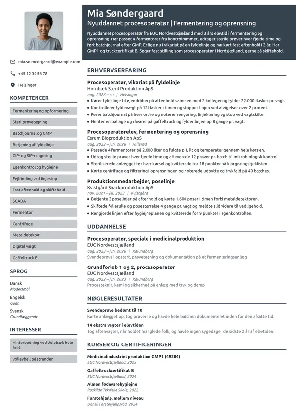 CV-eksempel til nyuddannet procesoperatør i fermentering