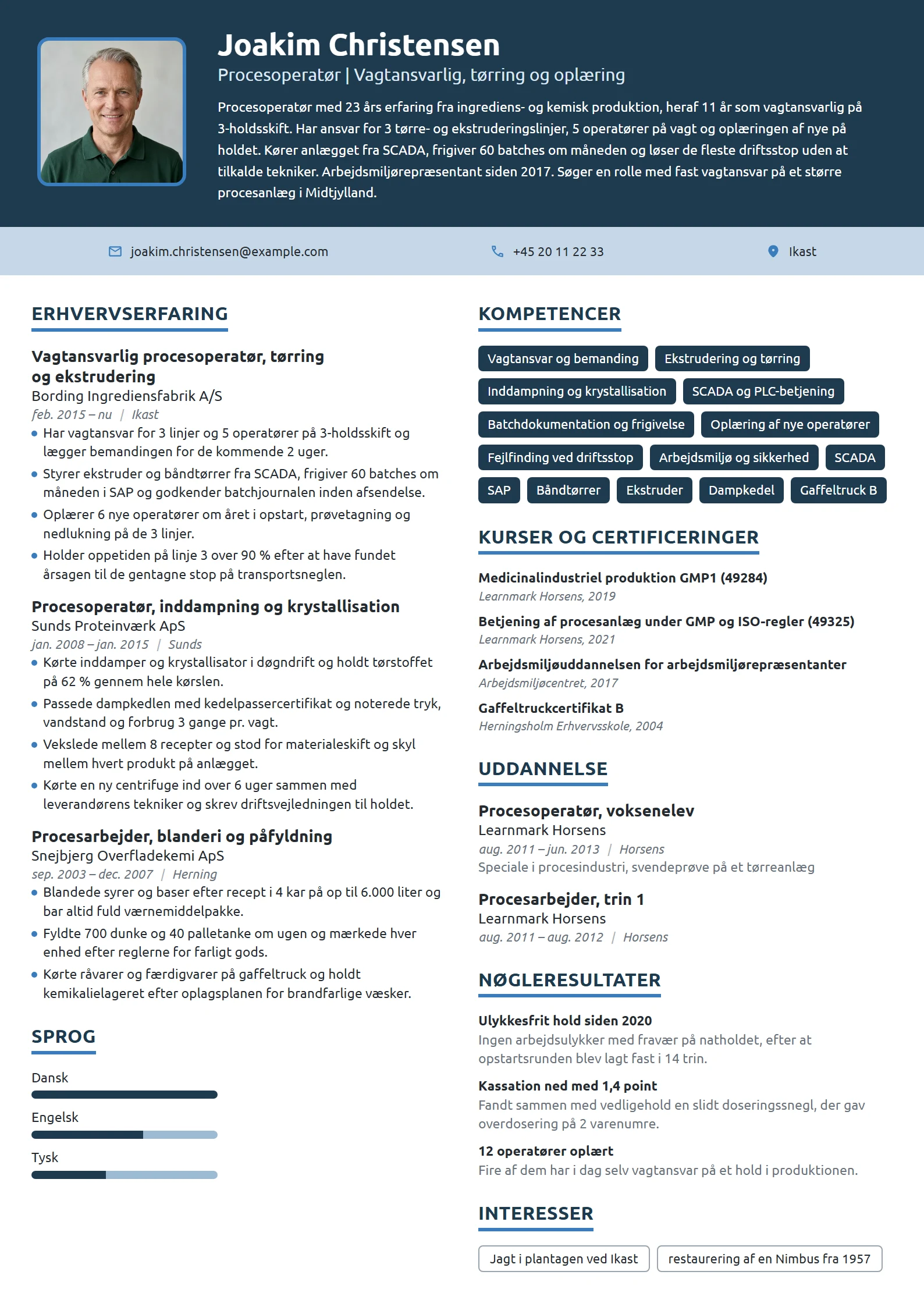 CV-eksempel til vagtansvarlig procesoperatør på tørring