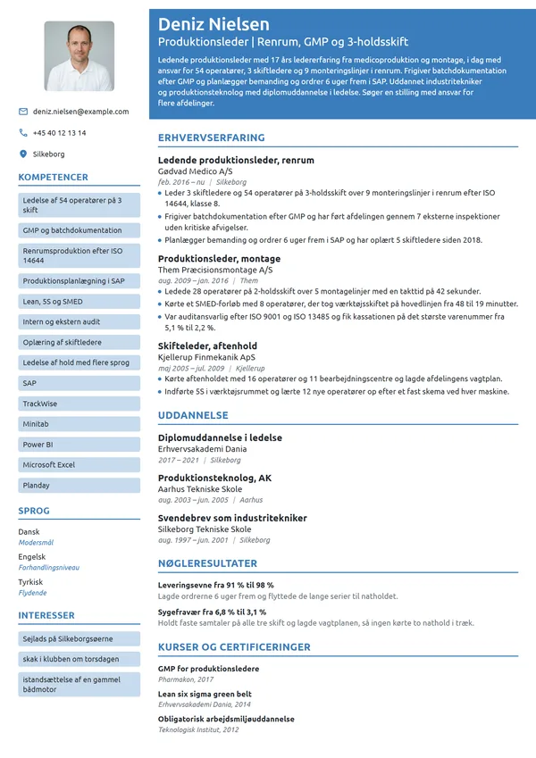CV-eksempel til ledende produktionsleder i medico