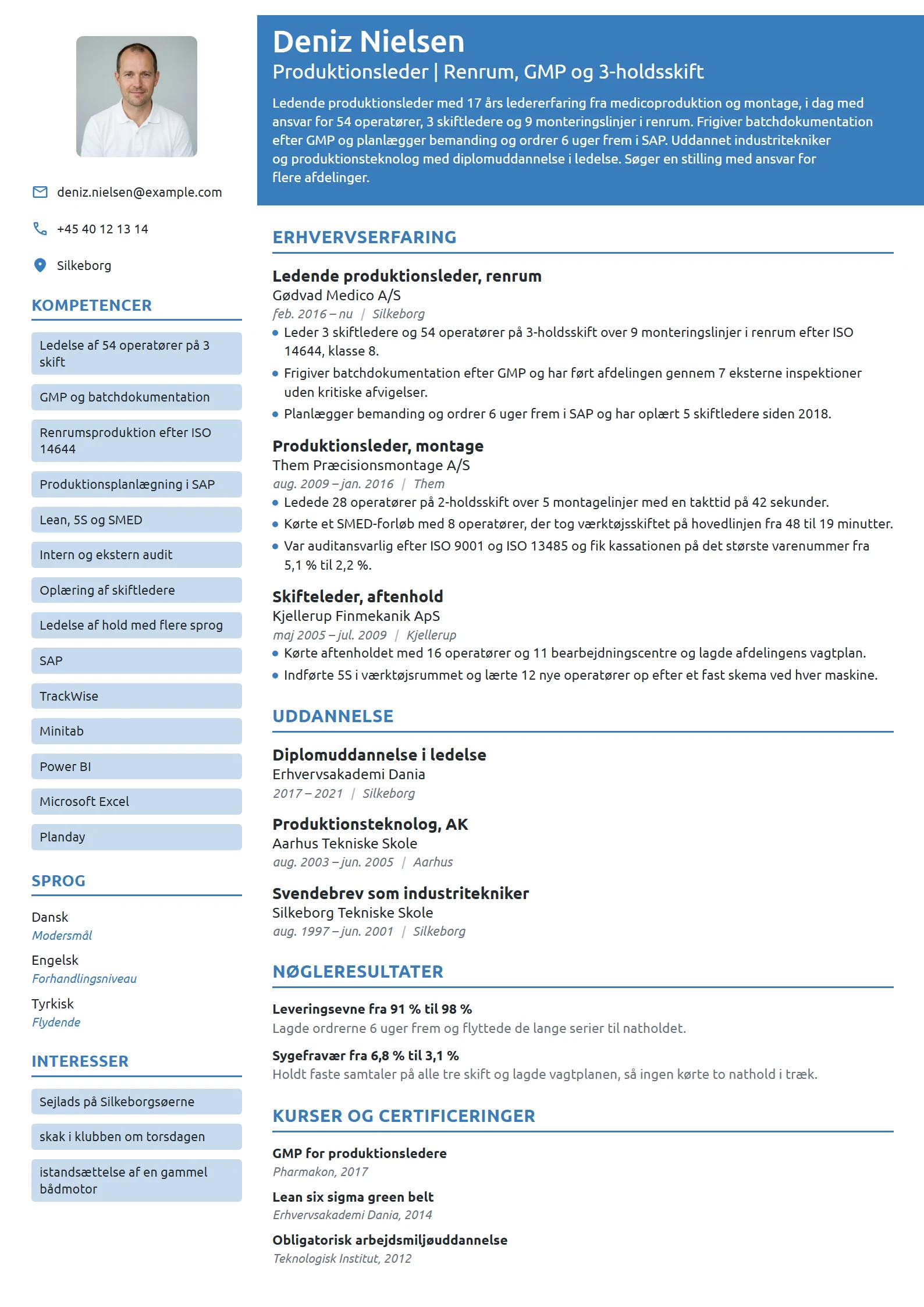 CV-eksempel til ledende produktionsleder i medico