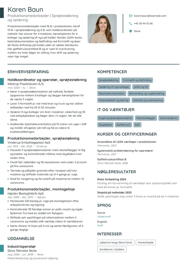 CV-eksempel til holdkoordinator i plastproduktion