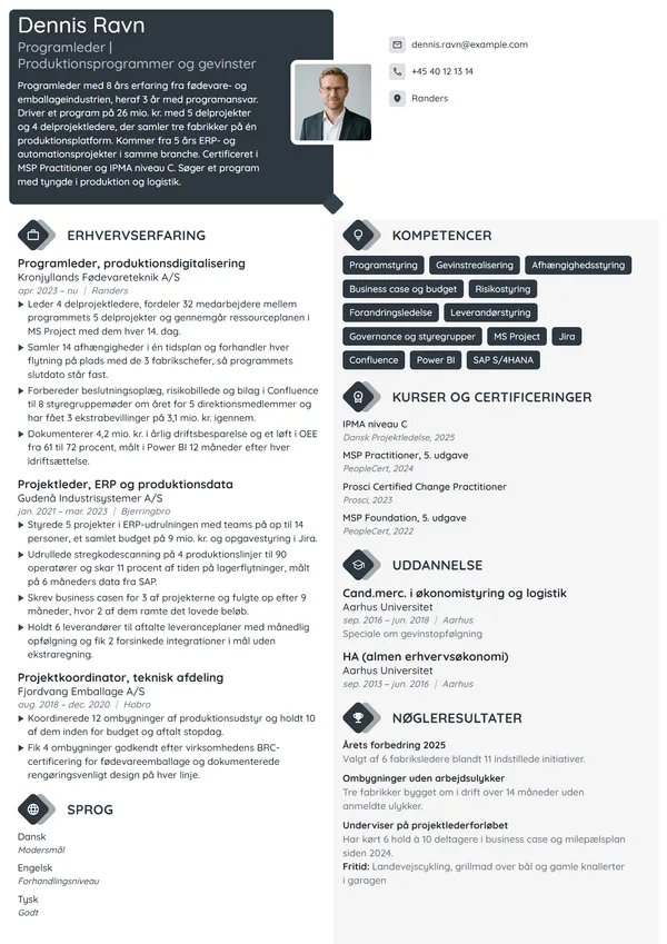 CV-eksempel til programleder med 8 års erfaring