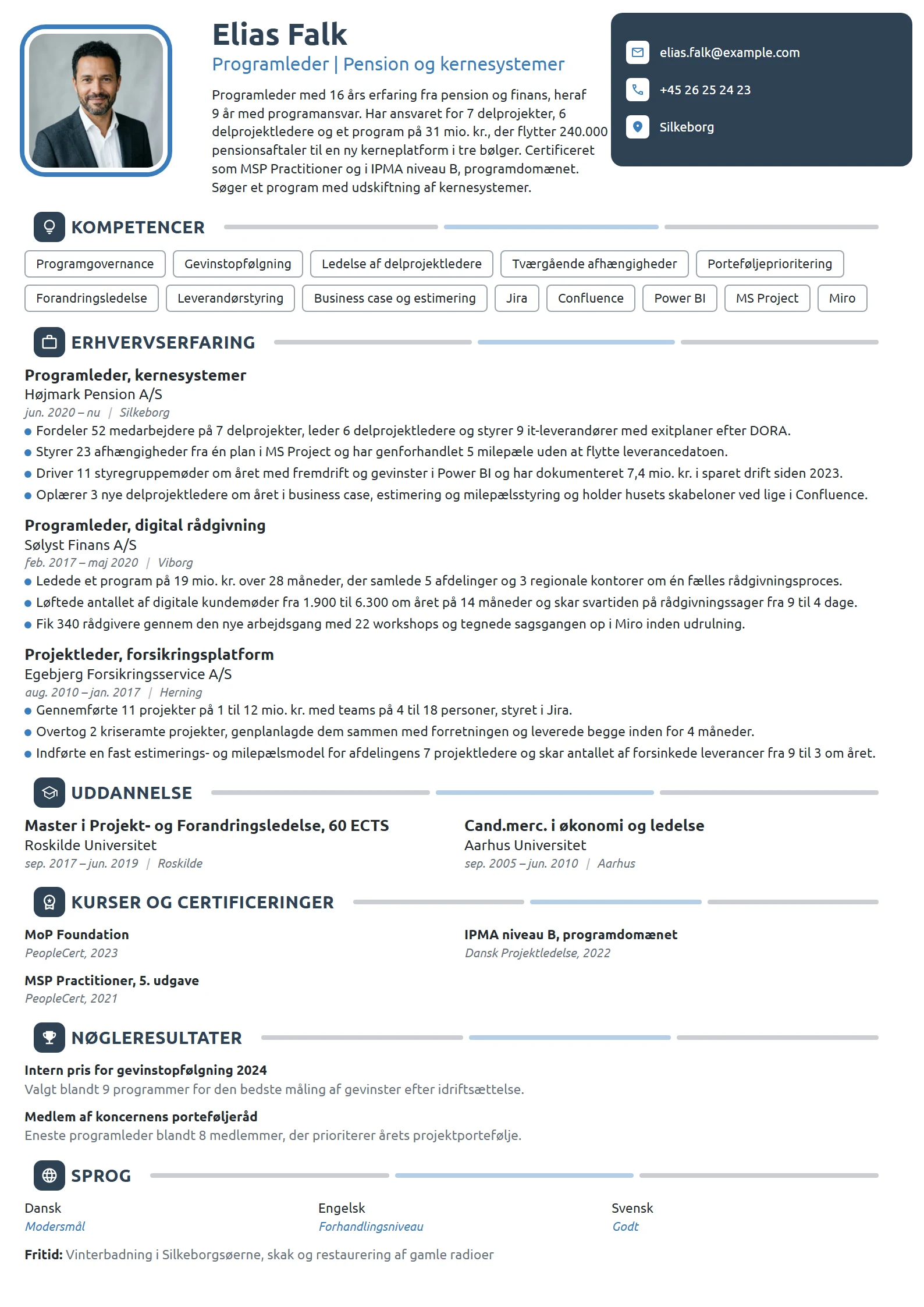 CV-eksempel til programleder i pension og finans