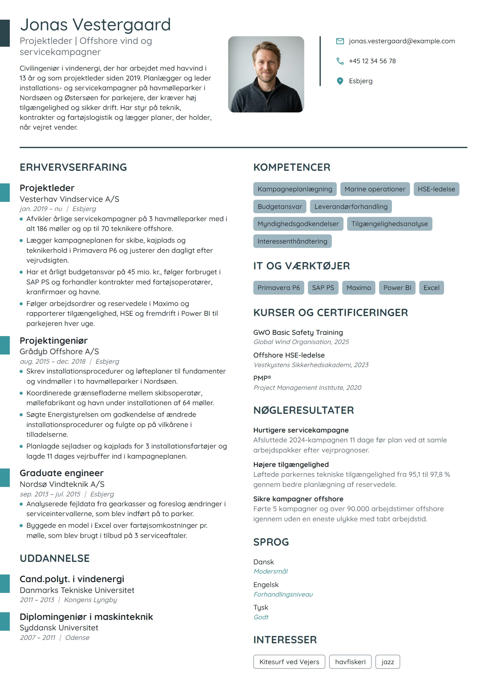CV-eksempel til projektleder, vedvarende energi