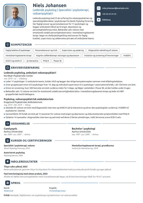 CV-eksempel til ledende psykolog i voksenpsykiatri