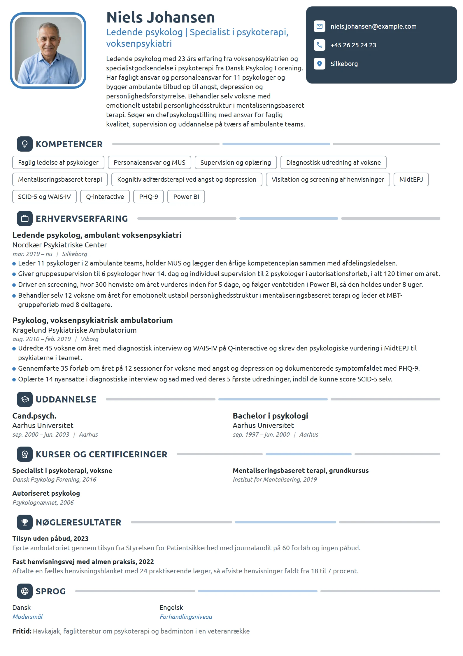 CV-eksempel til ledende psykolog i voksenpsykiatri