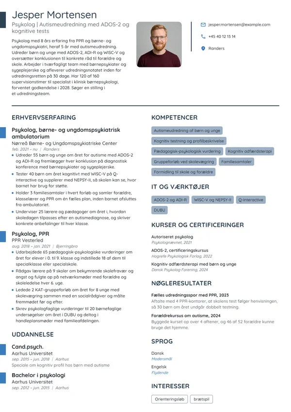 CV-eksempel til psykolog i børne- og ungdomspsykiatri