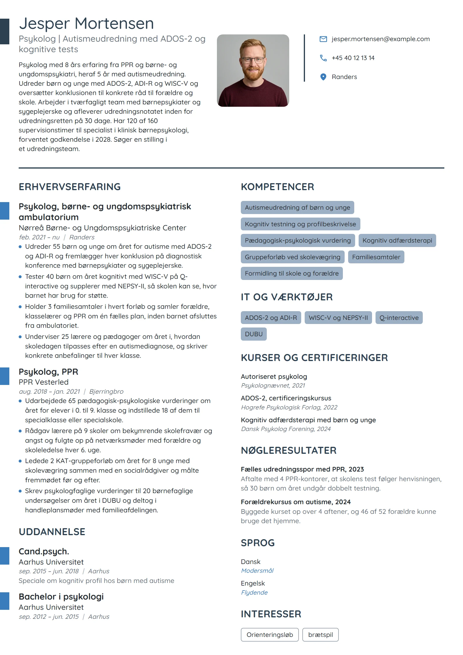 CV-eksempel til psykolog i børne- og ungdomspsykiatri