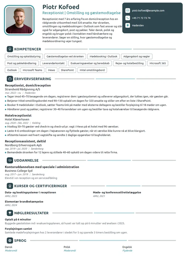CV-eksempel til erfaren receptionist i kontorreception