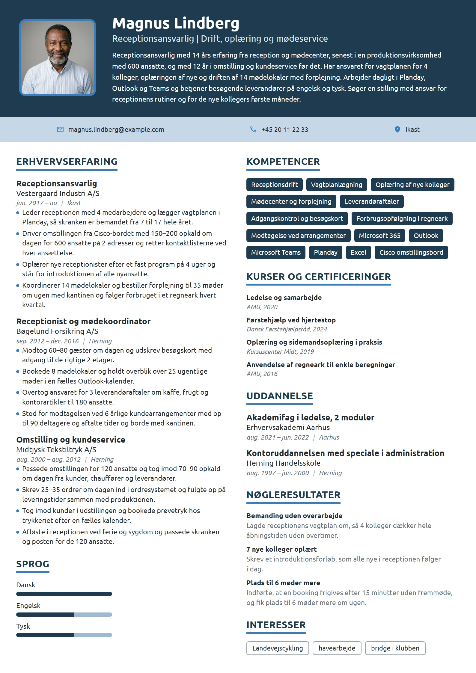 CV-eksempel til receptionsansvarlig med driftsansvar