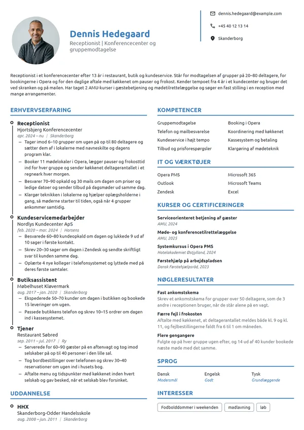 CV-eksempel til skift fra kundeservice til reception