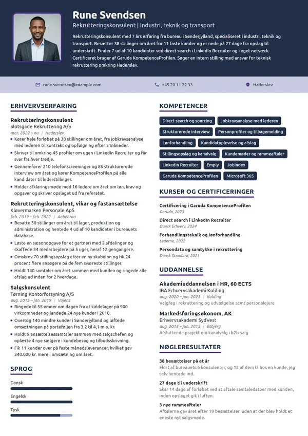 CV-eksempel til erfaren rekrutteringskonsulent på bureau