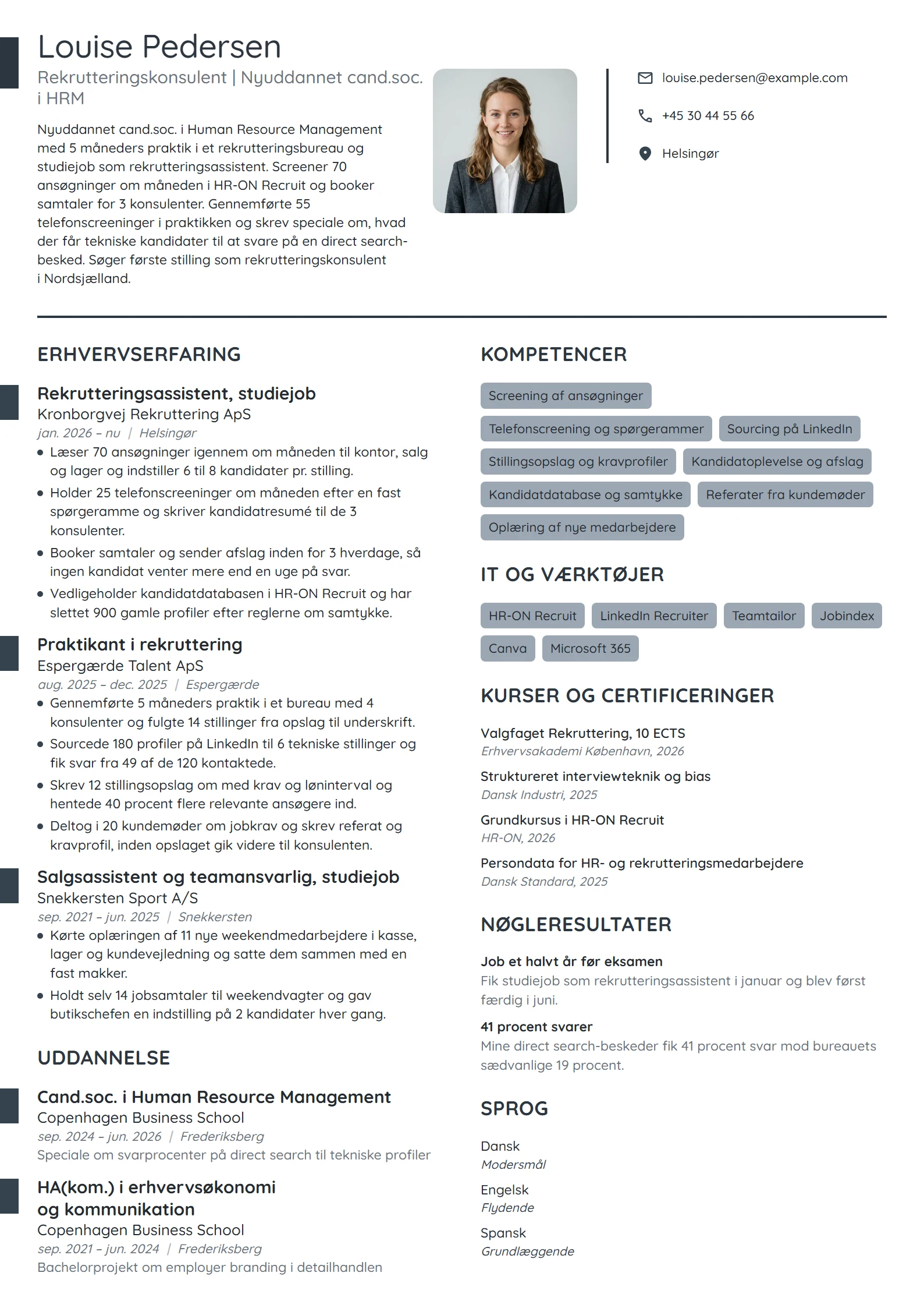 CV-eksempel til nyuddannet i rekruttering, cand.soc.