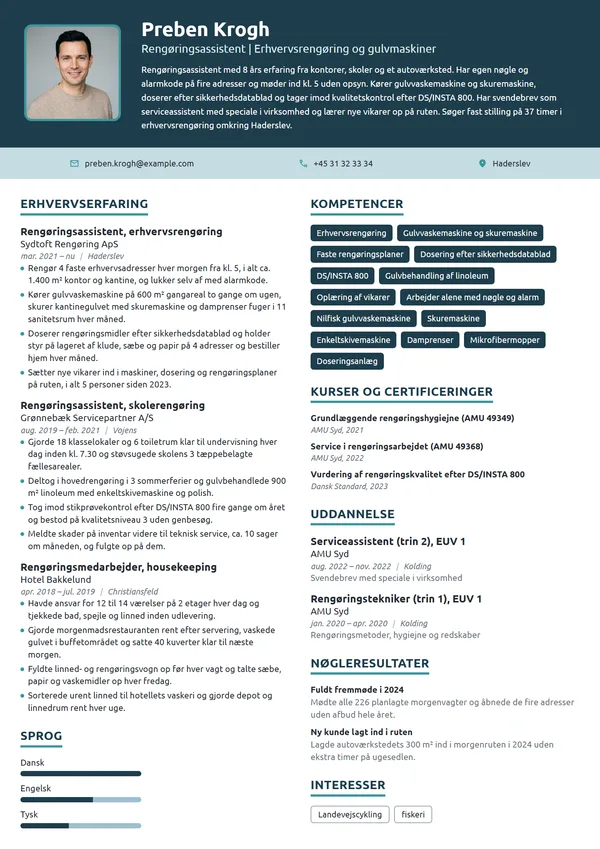 CV-eksempel til erfaren rengøring på kontor og skole