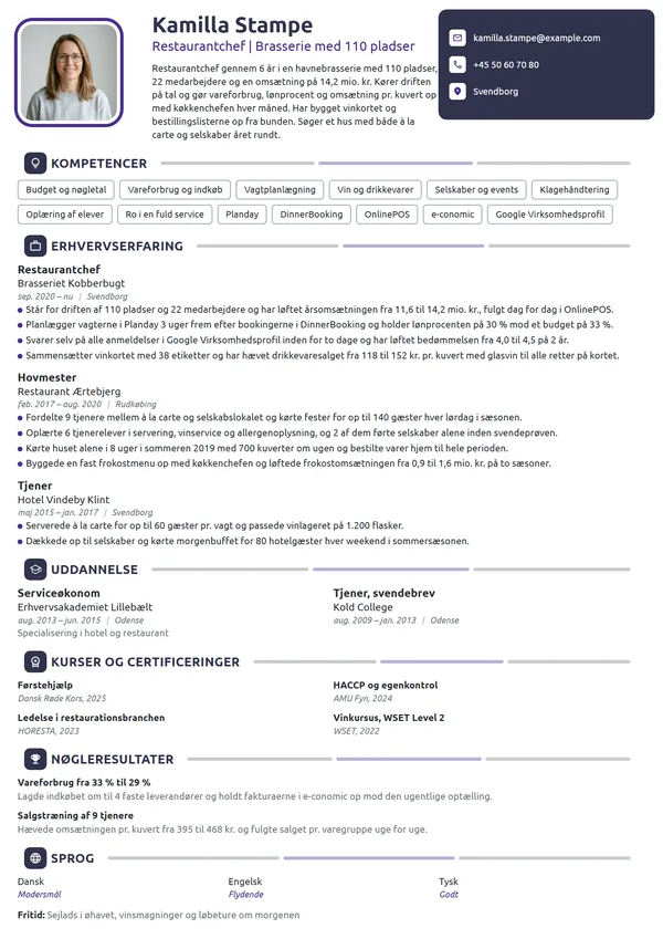 CV-eksempel til restaurantchef, brasserie med 110 pladser