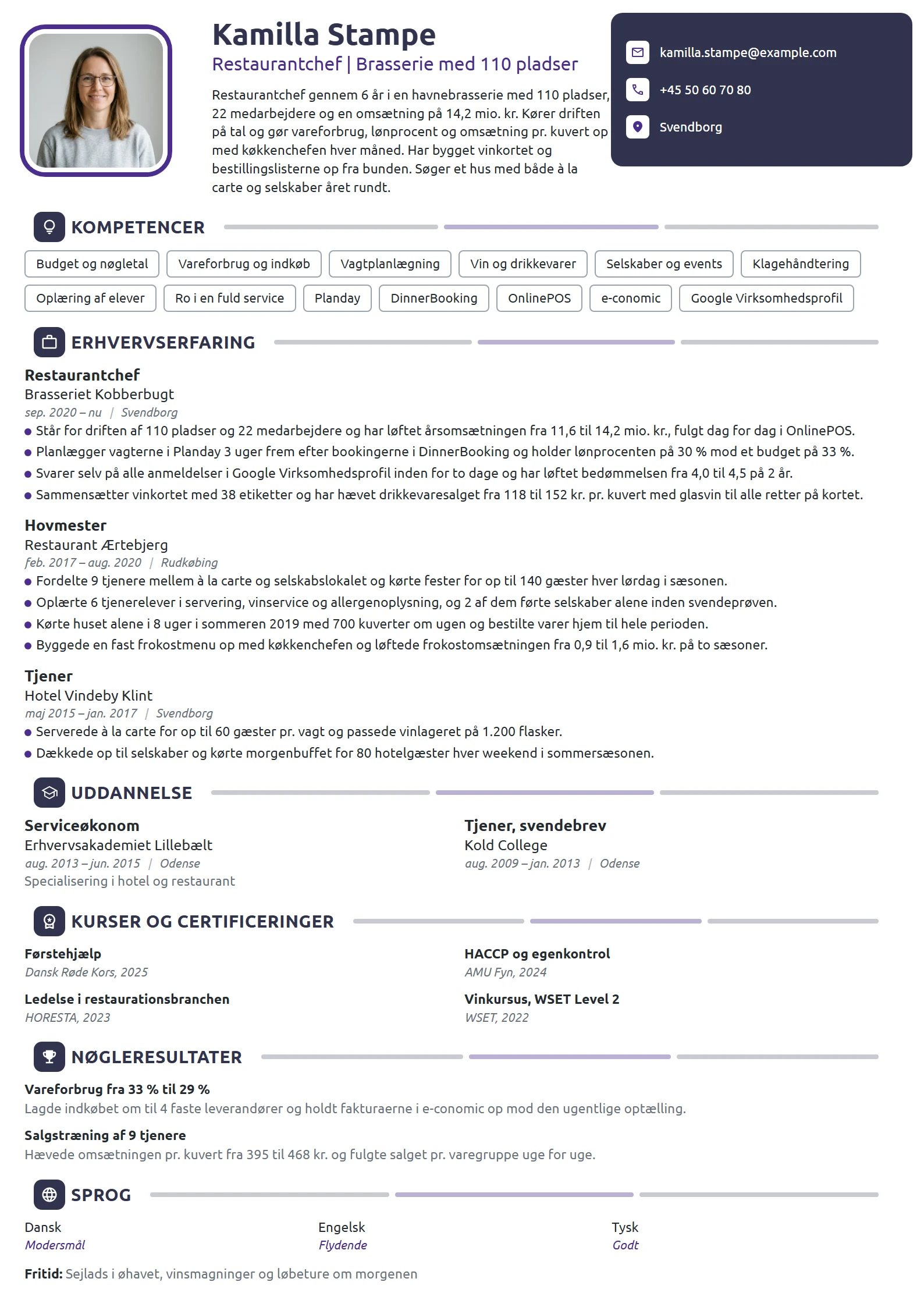 CV-eksempel til restaurantchef, brasserie med 110 pladser