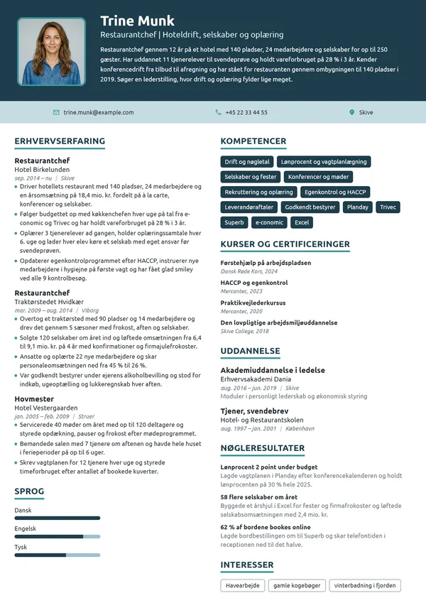 CV-eksempel til restaurantchef med drifts- og elevansvar