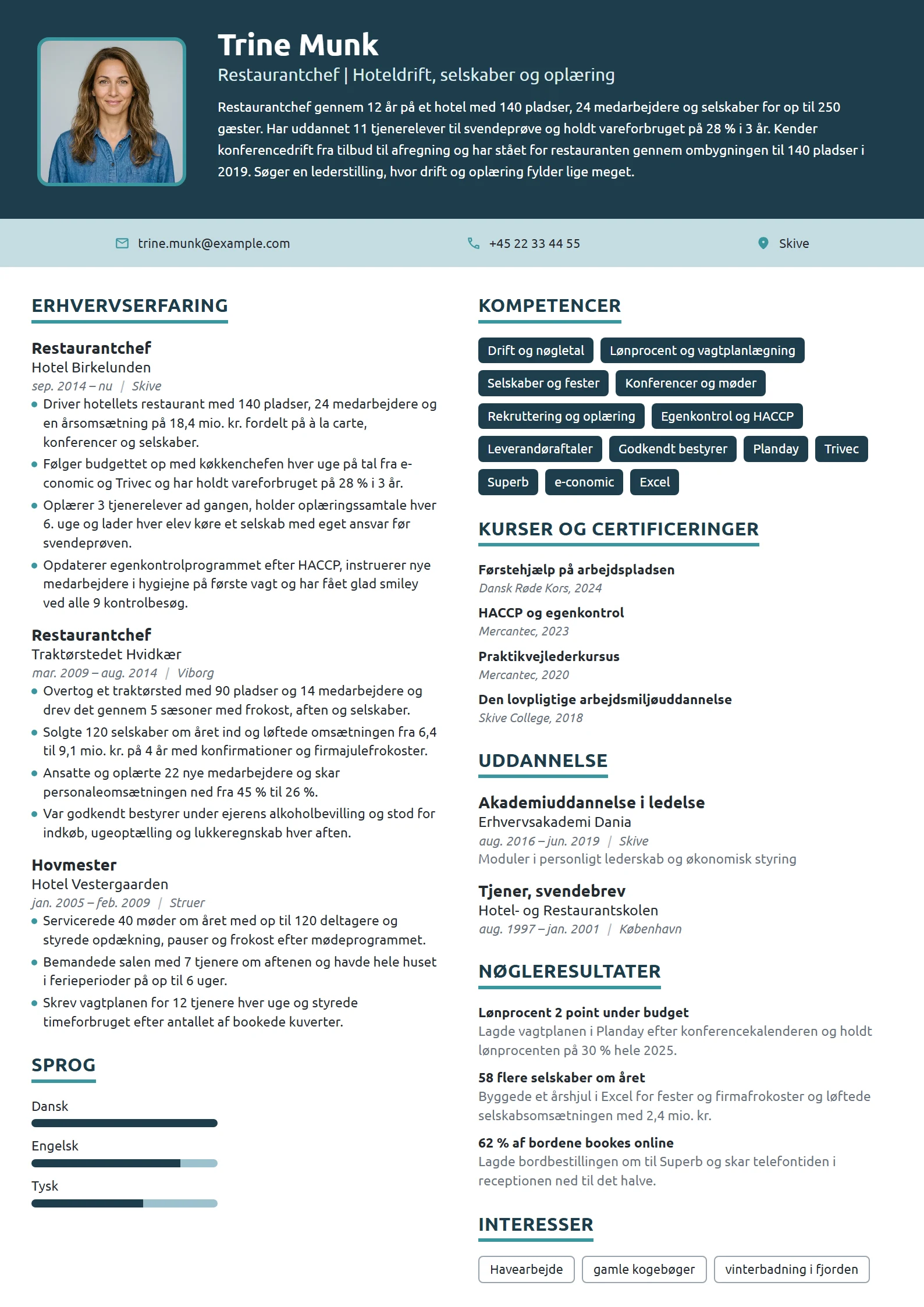 CV-eksempel til restaurantchef med drifts- og elevansvar