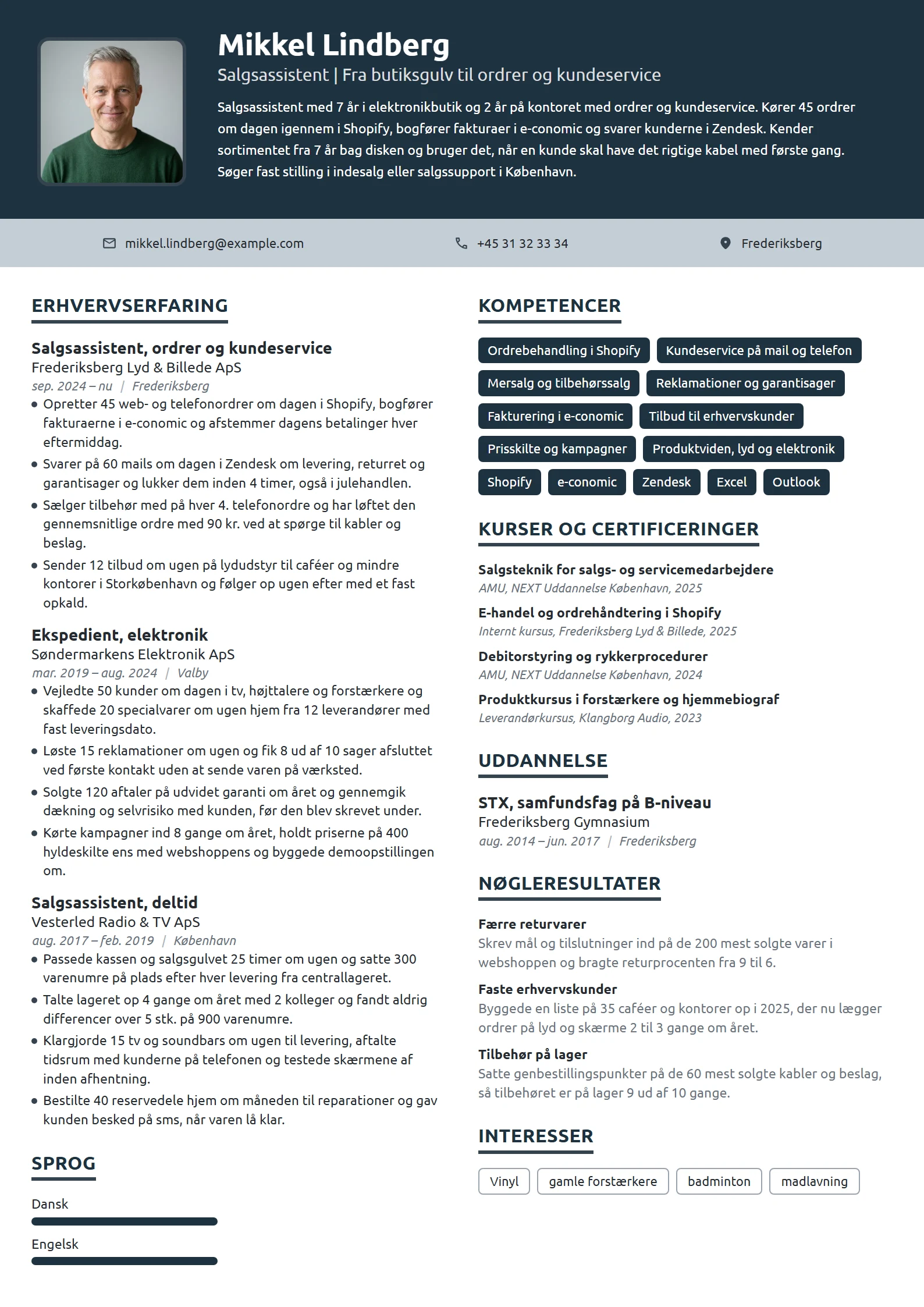 CV-eksempel til fra butik til indesalg