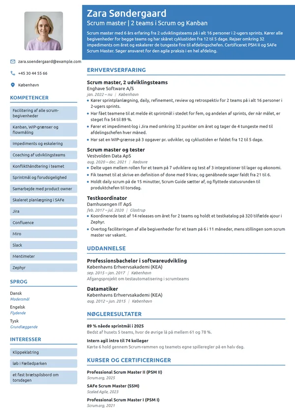 CV-eksempel til erfaren scrum master i softwarehus