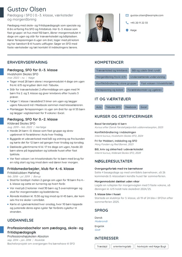 CV-eksempel til erfaren pædagog i SFO 0.–3. klasse