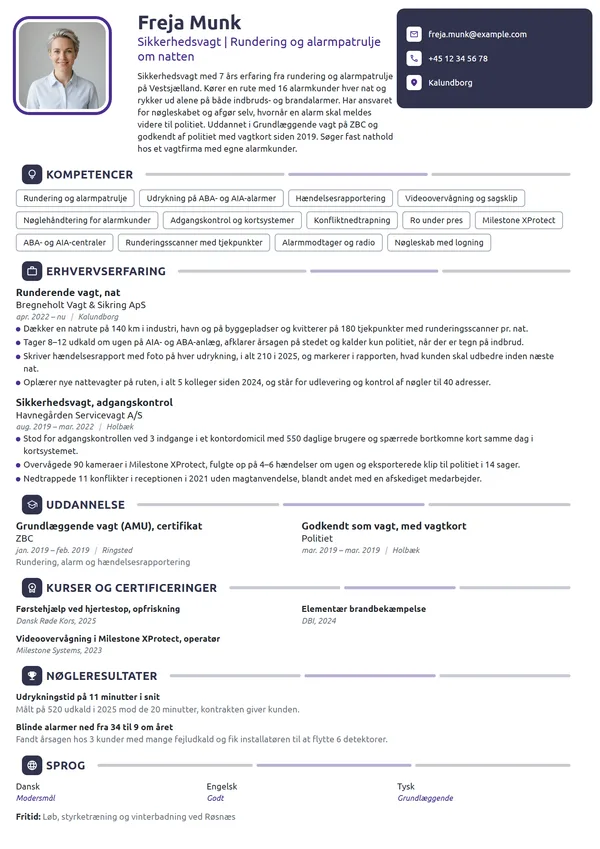CV-eksempel til runderende vagt og alarmpatrulje