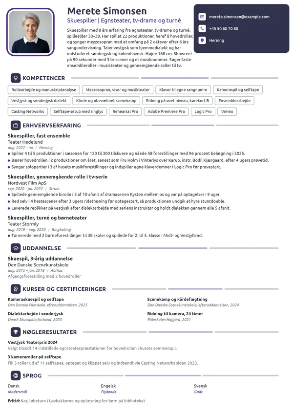 CV-eksempel til erfaren skuespiller på egnsteater