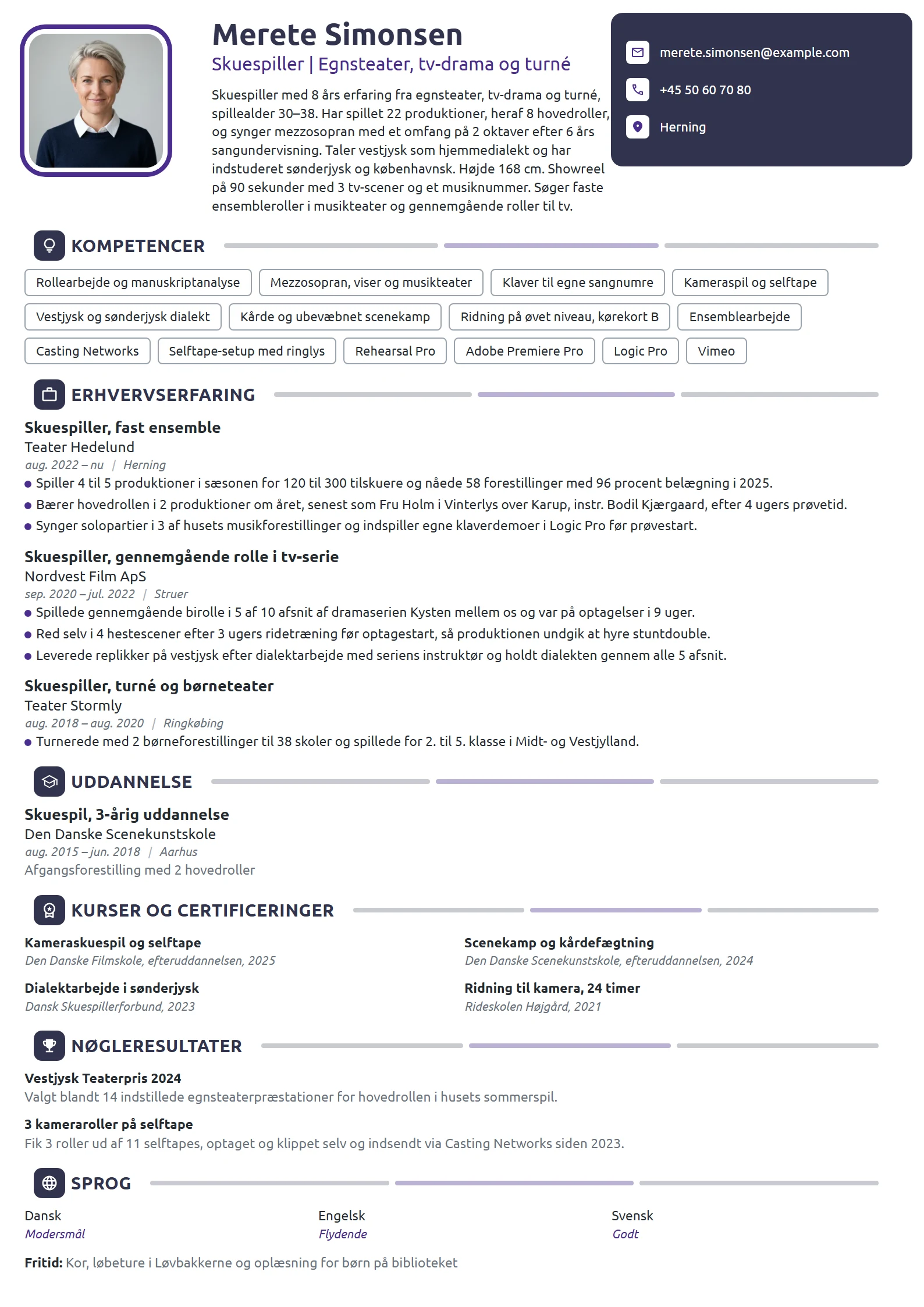CV-eksempel til erfaren skuespiller på egnsteater