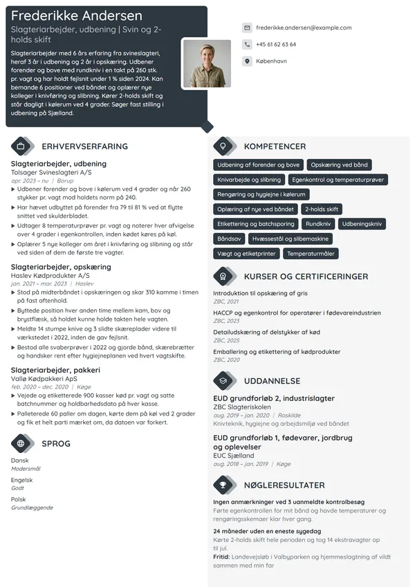 CV-eksempel til erfaren slagteriarbejder i udbening