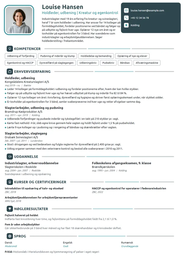 CV-eksempel til holdleder i udbening på kreaturslagteri