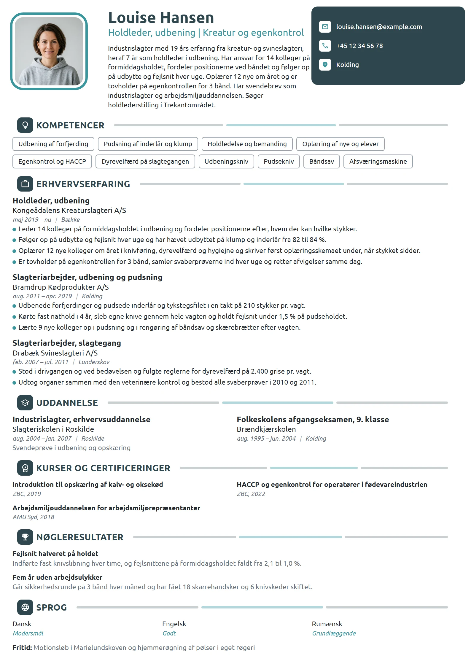CV-eksempel til holdleder i udbening på kreaturslagteri