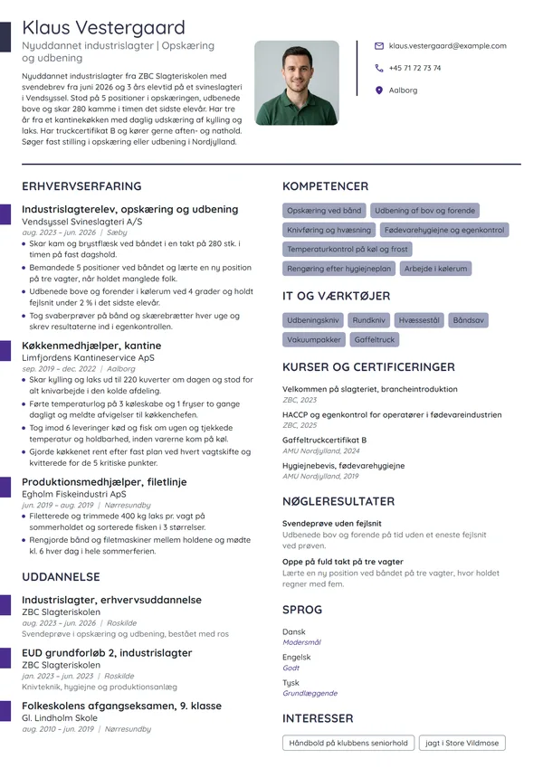 CV-eksempel til nyuddannet industrislagter