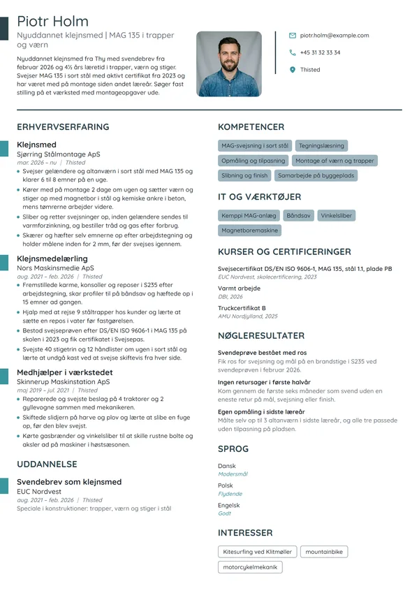 CV-eksempel til nyuddannet klejnsmed