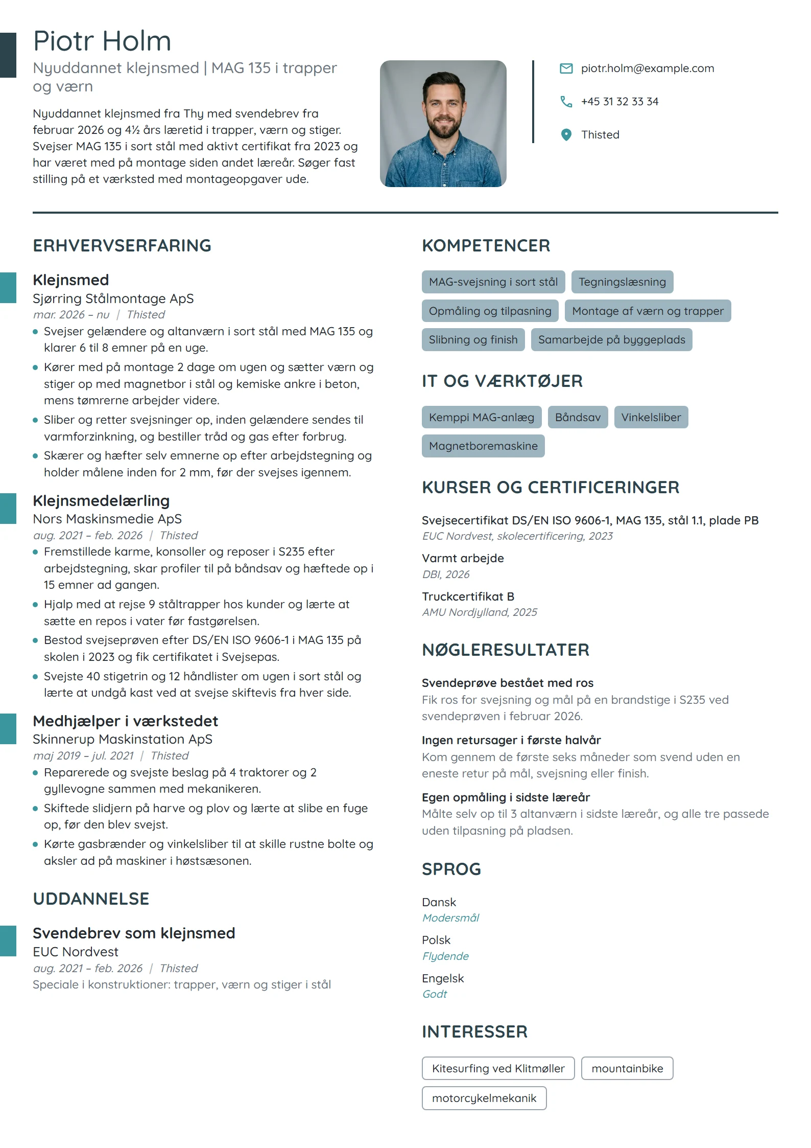 CV-eksempel til nyuddannet klejnsmed