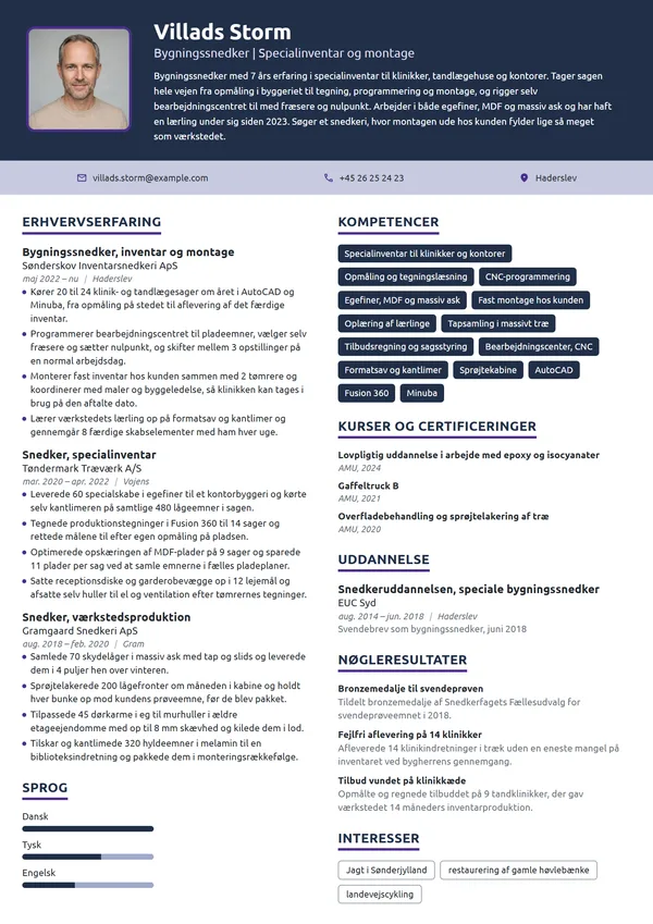 CV-eksempel til erfaren bygningssnedker, inventar