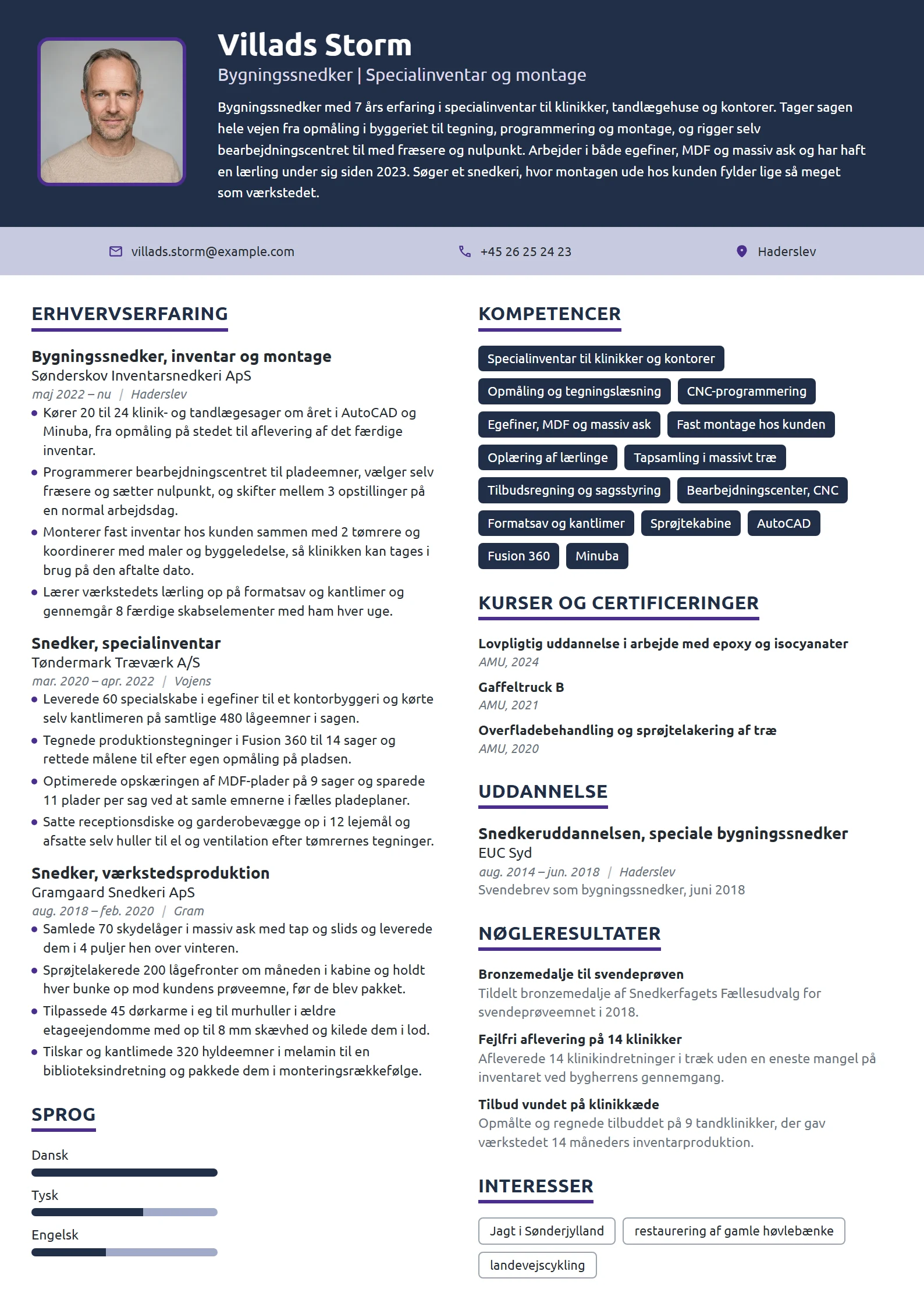 CV-eksempel til erfaren bygningssnedker, inventar