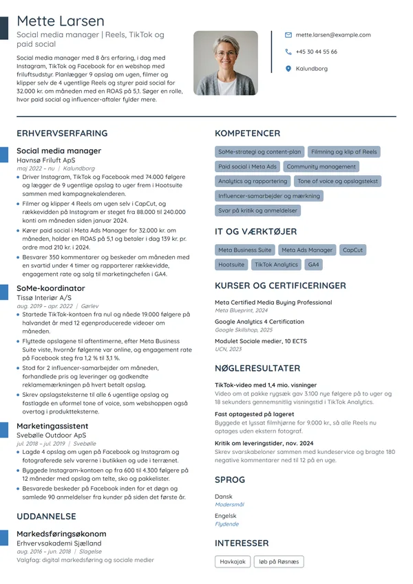 CV-eksempel til erfaren social media manager i webshop