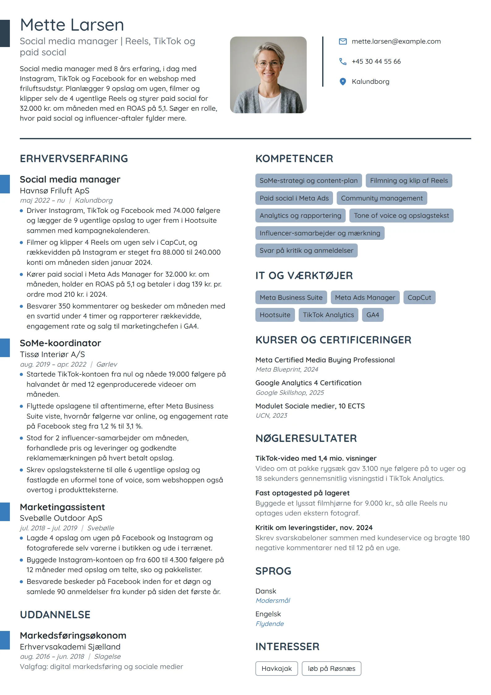 CV-eksempel til erfaren social media manager i webshop